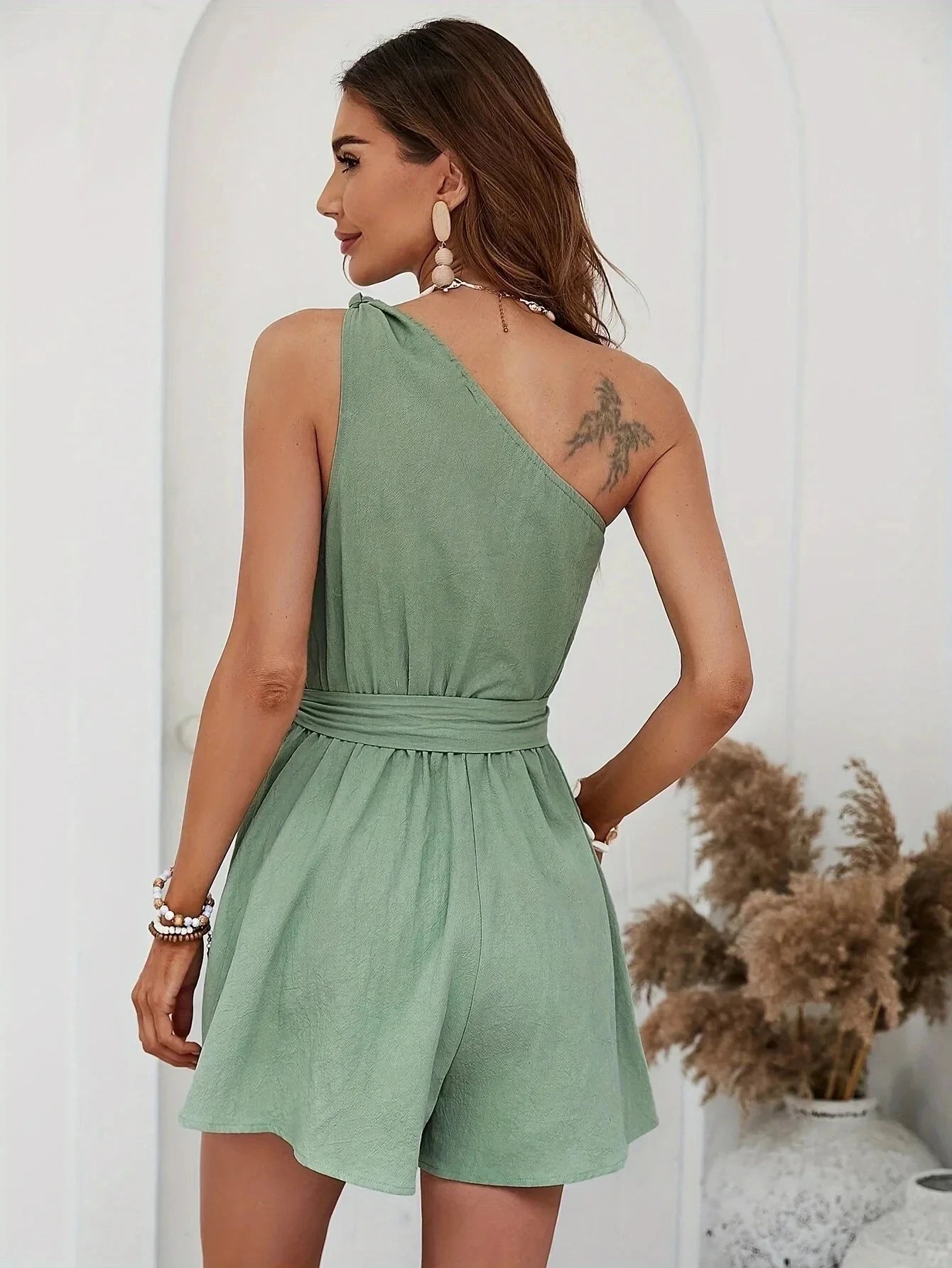 Rompers- Wide-Leg Asymmetric Playsuit - One-Shoulder Belted Romper- - Chuzko Women Clothing