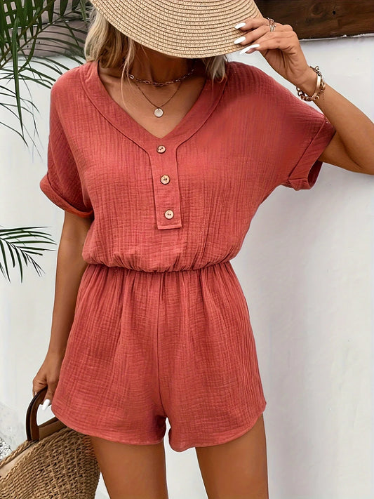 Rompers- Women's Blouson Romper for Casual Lounging- Rust- Chuzko Women Clothing