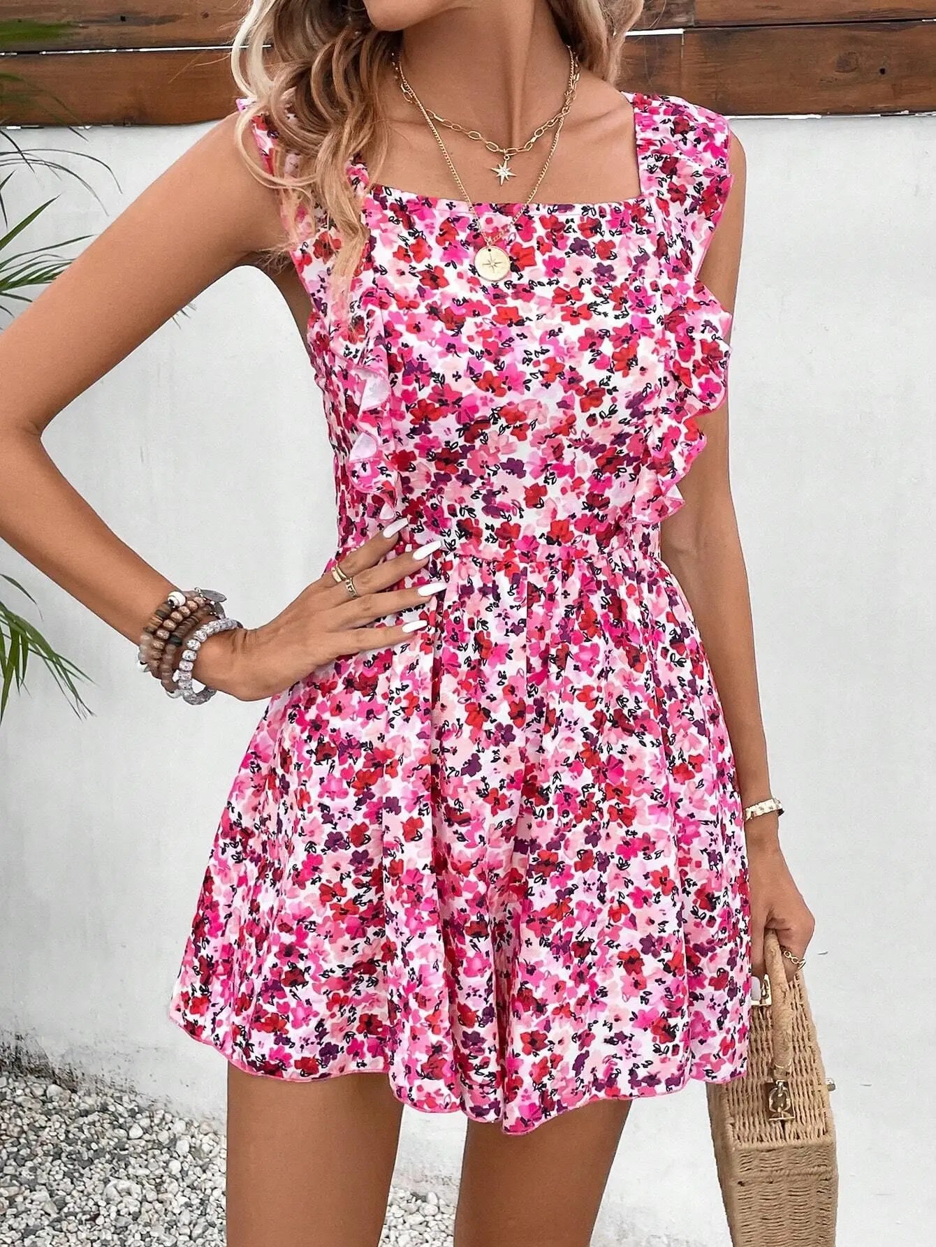 Rompers- Women's Floral Print Playsuit - Bowknot Backless Romper- - Chuzko Women Clothing