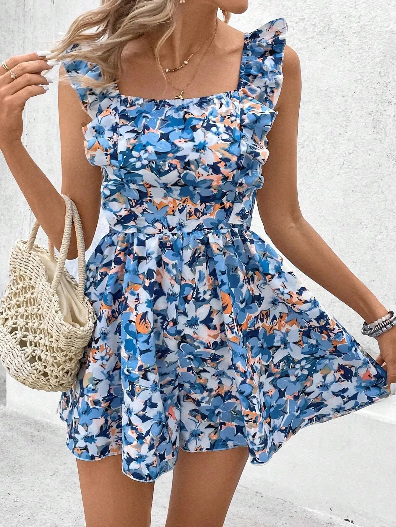 Rompers- Women's Floral Print Playsuit - Bowknot Backless Romper- Blue- Chuzko Women Clothing
