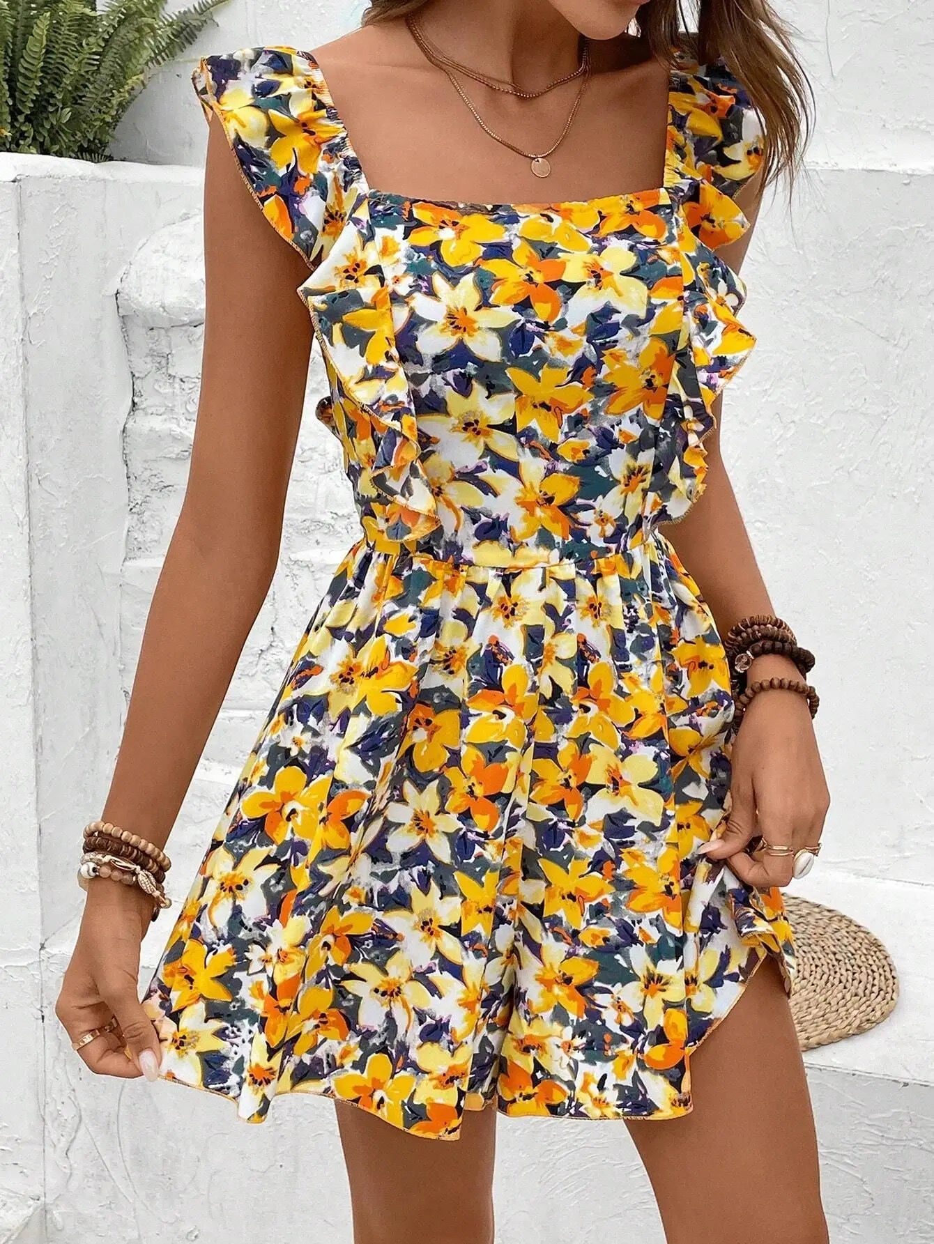 Rompers- Women's Floral Print Playsuit - Bowknot Backless Romper- Yellow- Chuzko Women Clothing