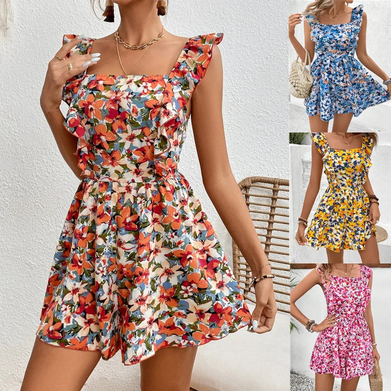 Rompers- Women's Floral Print Playsuit - Bowknot Backless Romper- - Chuzko Women Clothing