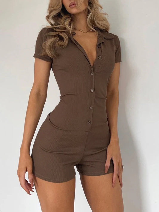 Rompers- Women's Ribbed Button Playsuit for Casual Lounging - Fitted Romper- Brown- Chuzko Women Clothing