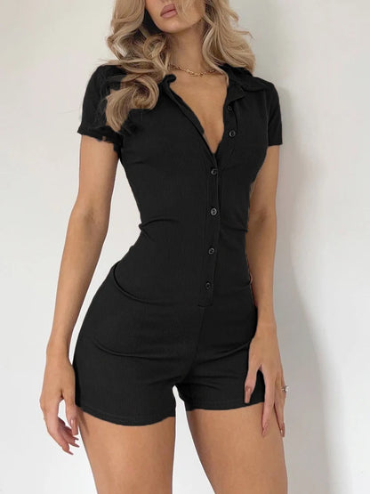 Rompers- Women's Ribbed Button Playsuit for Casual Lounging - Fitted Romper- Black- Chuzko Women Clothing