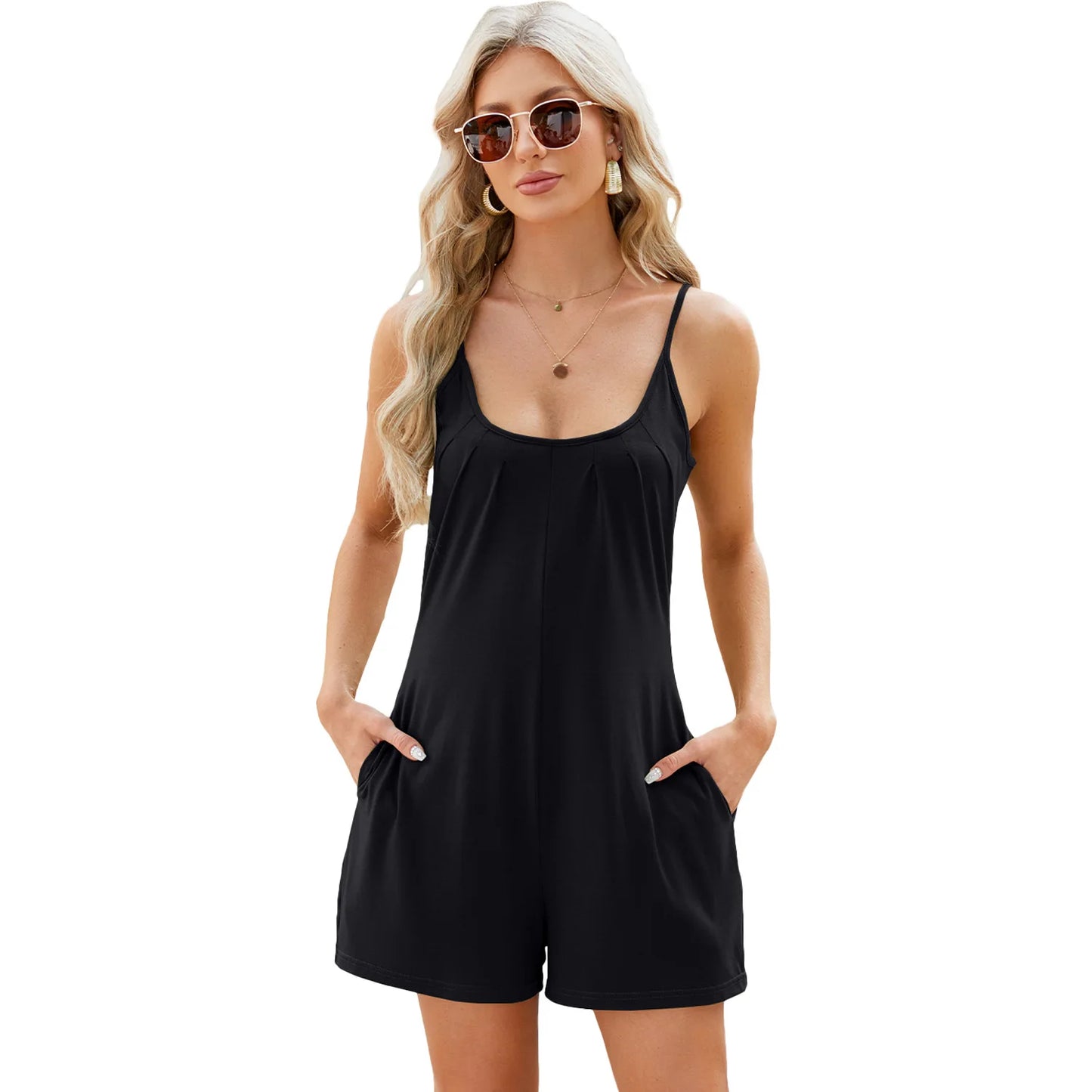 Rompers- Women's Solid Cotton Blend Romper - Short-Length Cami Playsuit- Black- Chuzko Women Clothing