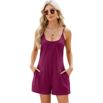 Rompers- Women's Solid Cotton Blend Romper - Short-Length Cami Playsuit- Red- Chuzko Women Clothing
