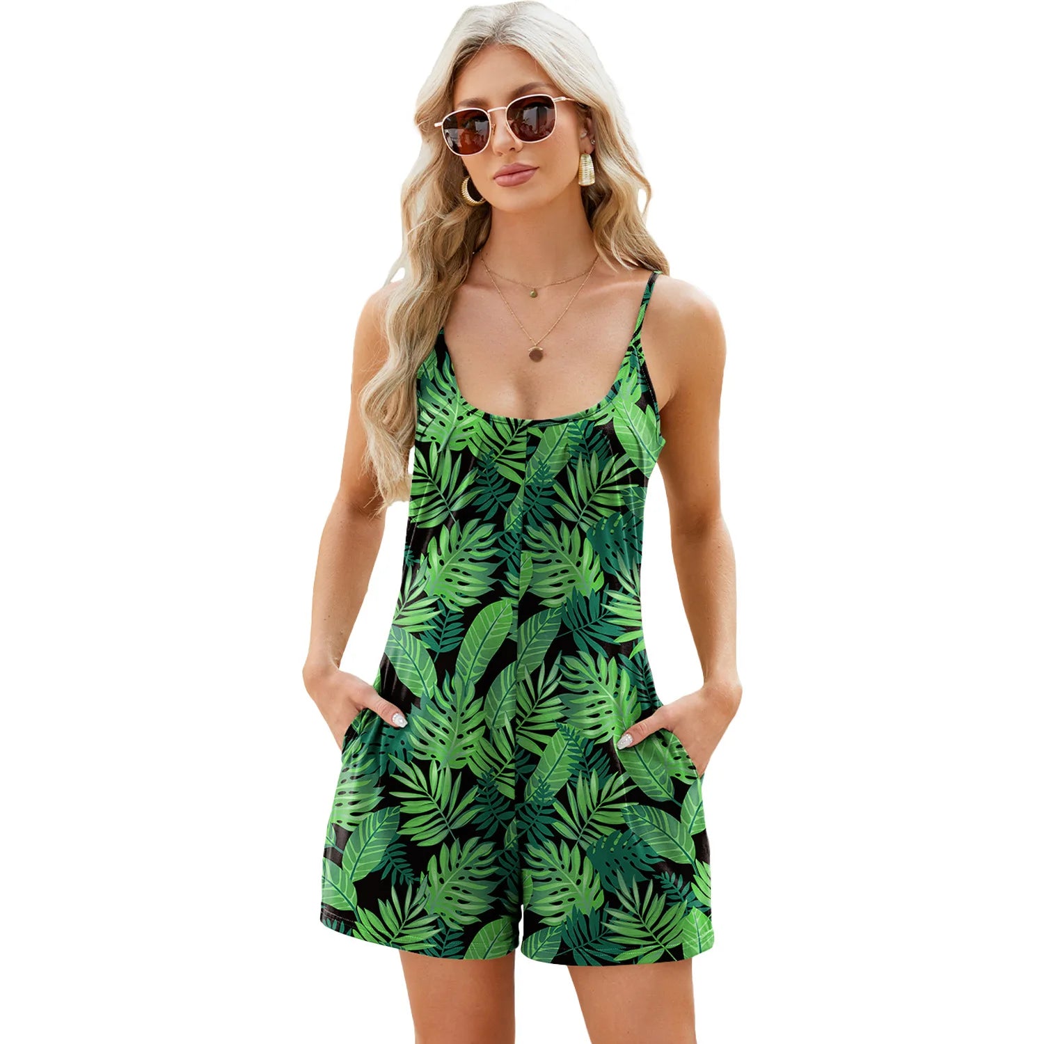 Rompers- Women's Solid Cotton Blend Romper - Short-Length Cami Playsuit- - Chuzko Women Clothing
