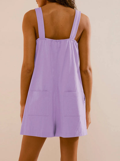 Women's Square Neck Playsuit - Solid Romper with Bib Shorts