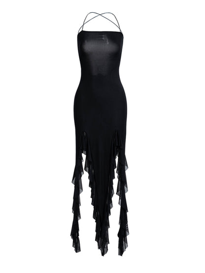 Party Backless Bodycon Maxi Dress with Slits & Ruffle Accents