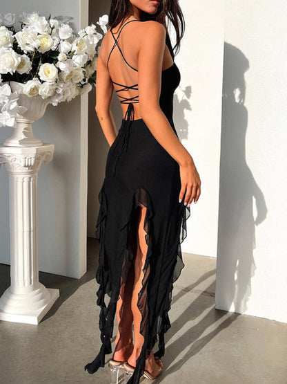 Party Backless Bodycon Maxi Dress with Slits & Ruffle Accents