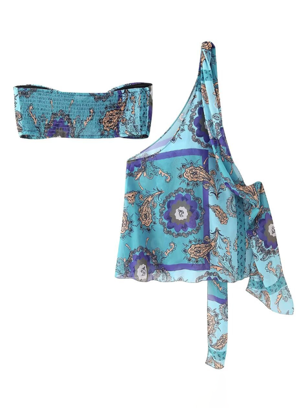 Runway Tops- Mermaid Magic Blue Print Two-Piece Set - Tube Bra & One-Shoulder Cover-Up- - Chuzko Women Clothing
