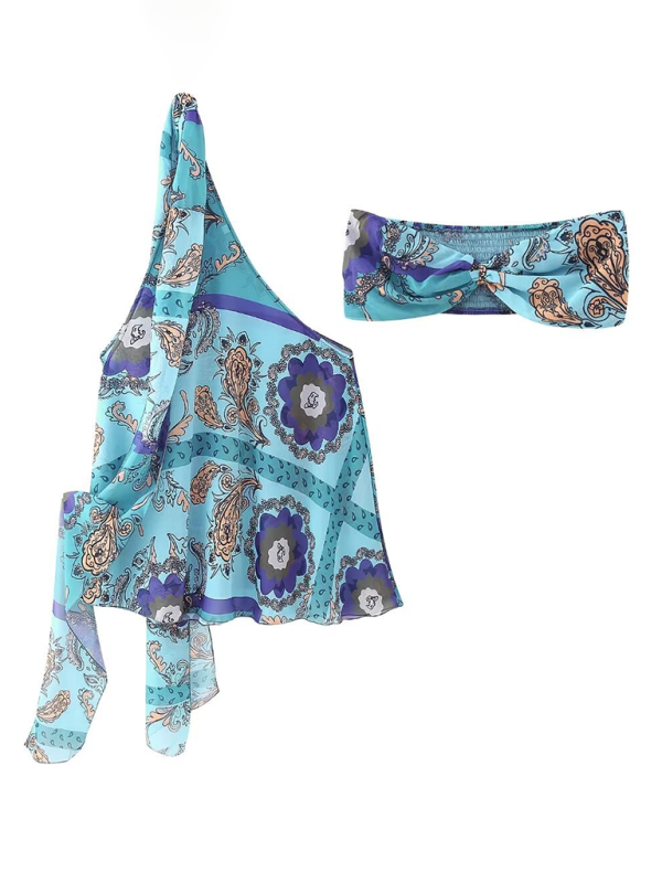 Runway Tops- Mermaid Magic Blue Print Two-Piece Set - Tube Bra & One-Shoulder Cover-Up- - Chuzko Women Clothing