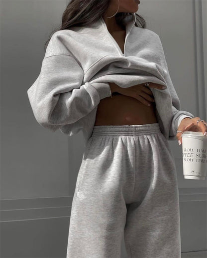 Fleece Set: Zip-Up Sweatshirt + Sweatpants - Active Style Trousers Set - Chuzko Women Clothing