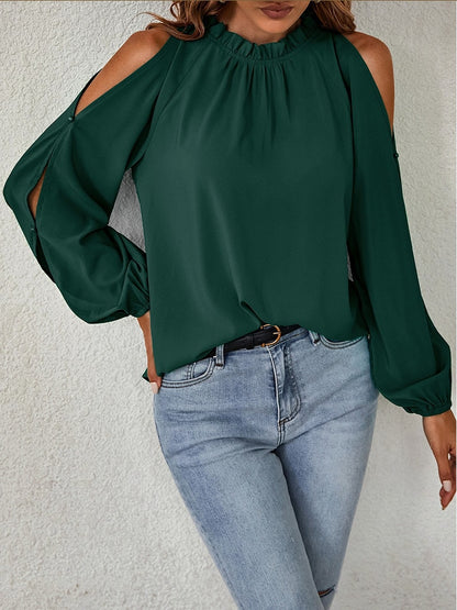 Cold Shoulder Blouse - Ruffle Neck, Long Sleeve & Keyhole Back Top Blouses - Chuzko Women Clothing