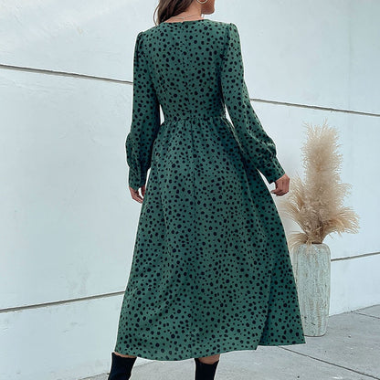 Hurry! Green Leopard Midi Dress with Trendy Knot-front & Long Sleeves Midi Dresses - Chuzko Women Clothing