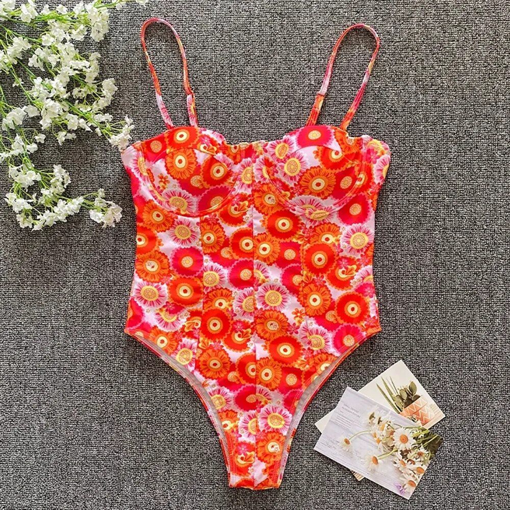 Beach Sporty Underwire One-Piece with Floral Print Swimsuits - Chuzko Women Clothing