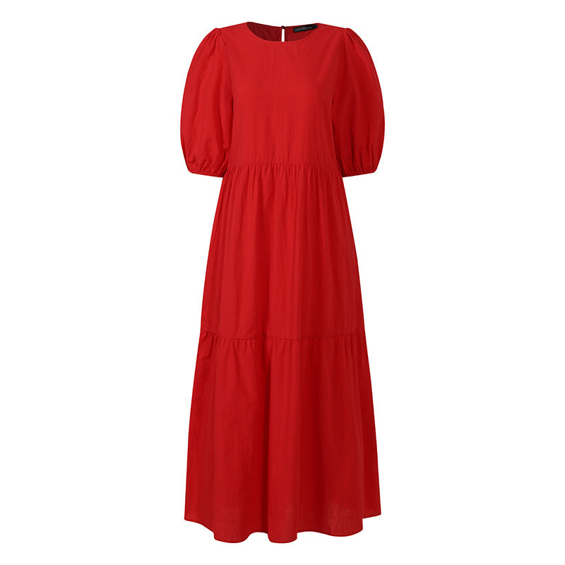 Casual Loose Maxi Tunic Dress: Half Puff Sleeves, Tiered Skirt, Pockets Dress - Chuzko Women Clothing
