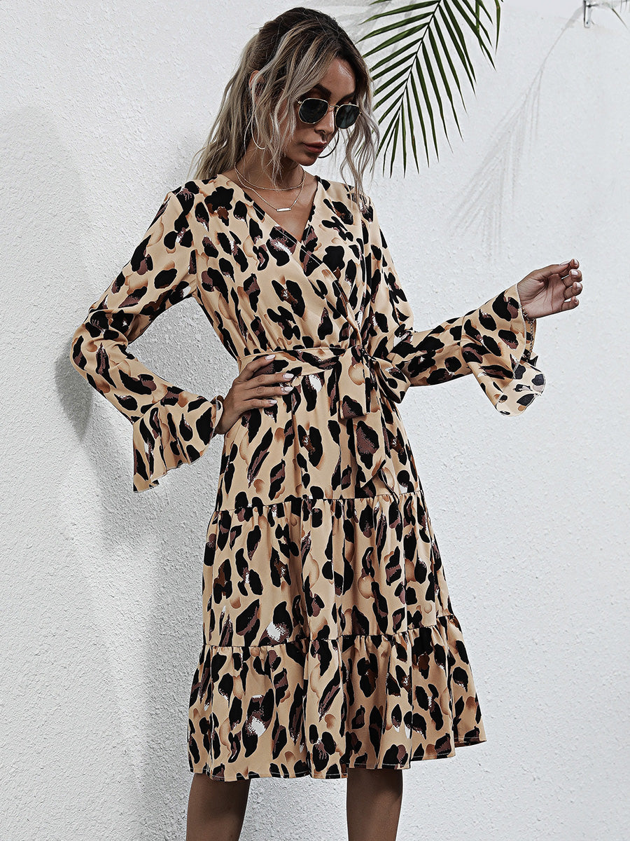 Leopard Print Wrap V Neck Long Sleeve Dress Midi dresses - Chuzko Women Clothing