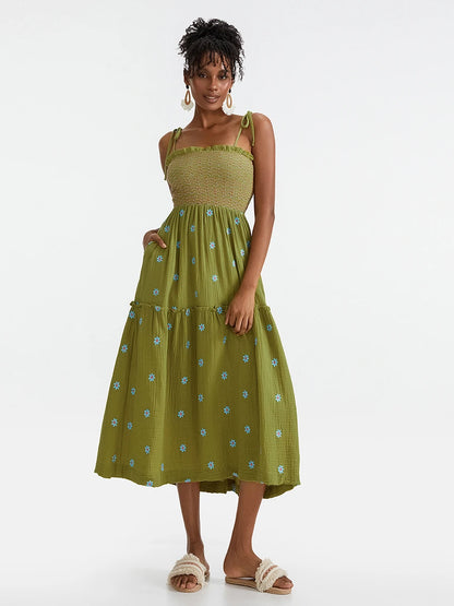 Vacation Dresses- Floral Embroidered Midi Dress for Summer Casual Evenings- Olive Green- Chuzko Women Clothing