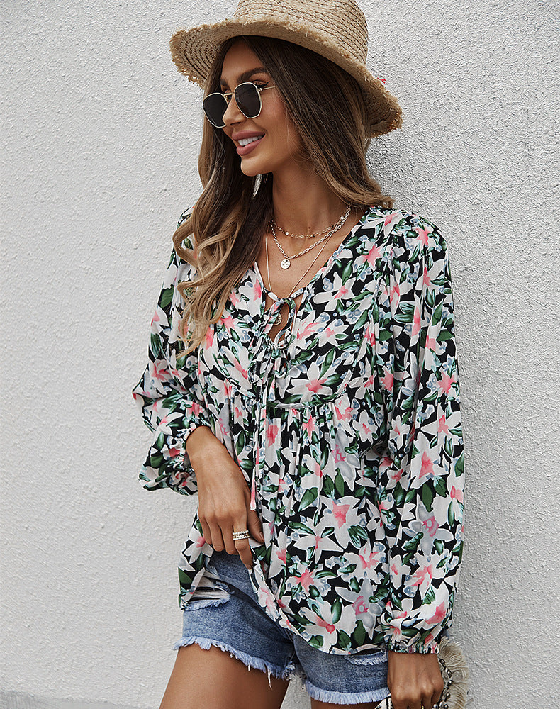 Women's Floral Tunic Print Top with Long Sleeves & Neck Tie Blouses - Chuzko Women Clothing