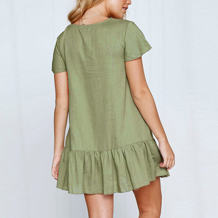 Solid Buttoned Pleated Flowy Mini Dress Mini Dresses - Chuzko Women Clothing