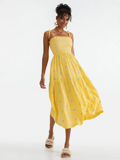 Vacation Dresses- Floral Embroidered Midi Dress for Summer Casual Evenings- Yellow- Chuzko Women Clothing