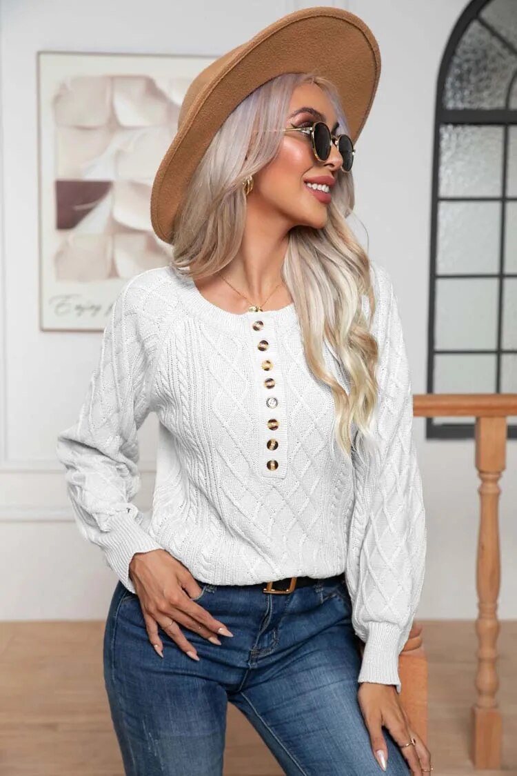Bishop Sleeve Jumper - Autumn's Cozy Cable Knit Sweater Sweaters - Chuzko Women Clothing