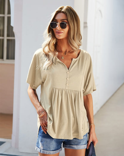 Trendy & Comfy: Women's Button Down T-Shirt - Pleated Loose Top Tops - Chuzko Women Clothing