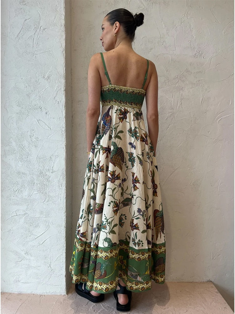 Birded-Printed Cotton-Linen Cami Maxi Dress Cami Dresses - Chuzko Women Clothing