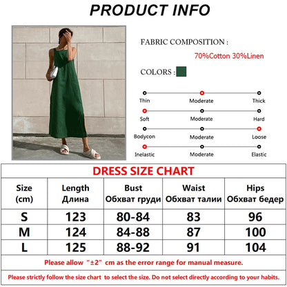 Summer Solid Loose Cotton-Linen Tunic Cami Maxi Dress
