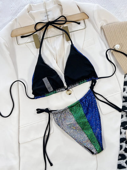 Swimwear- Women's Contrast Binding Swimsuit - Sparkle String Bikini- - Chuzko Women Clothing