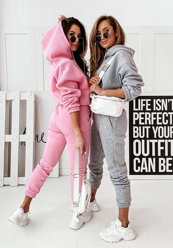 Sporty Tracksuit Set Sweatpants and Crop Hoodie Tracksuit Set - Chuzko Women Clothing