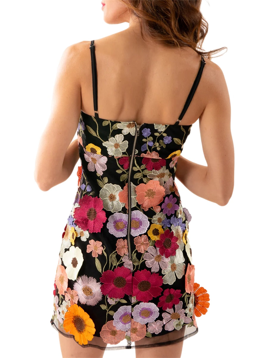 Elegant Bouquet Floral Applique Cami Mini Dress Floral Applique Dresses - Chuzko Women Clothing