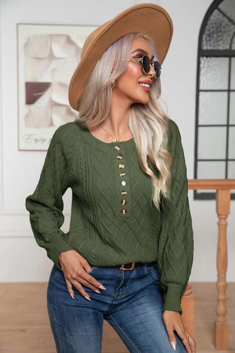 Bishop Sleeve Jumper - Autumn's Cozy Cable Knit Sweater Sweaters - Chuzko Women Clothing