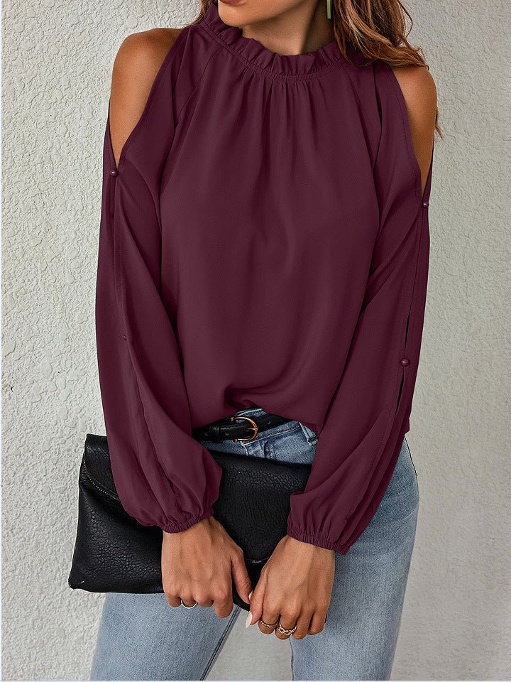 Cold Shoulder Blouse - Ruffle Neck, Long Sleeve & Keyhole Back Top Blouses - Chuzko Women Clothing