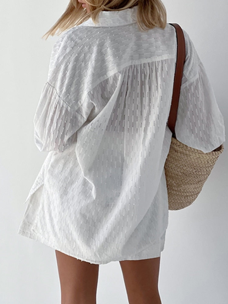 Textured Cotton Linen Two Piece Set : Short + Shirt Suit - Two piece set - Chuzko Women Clothing