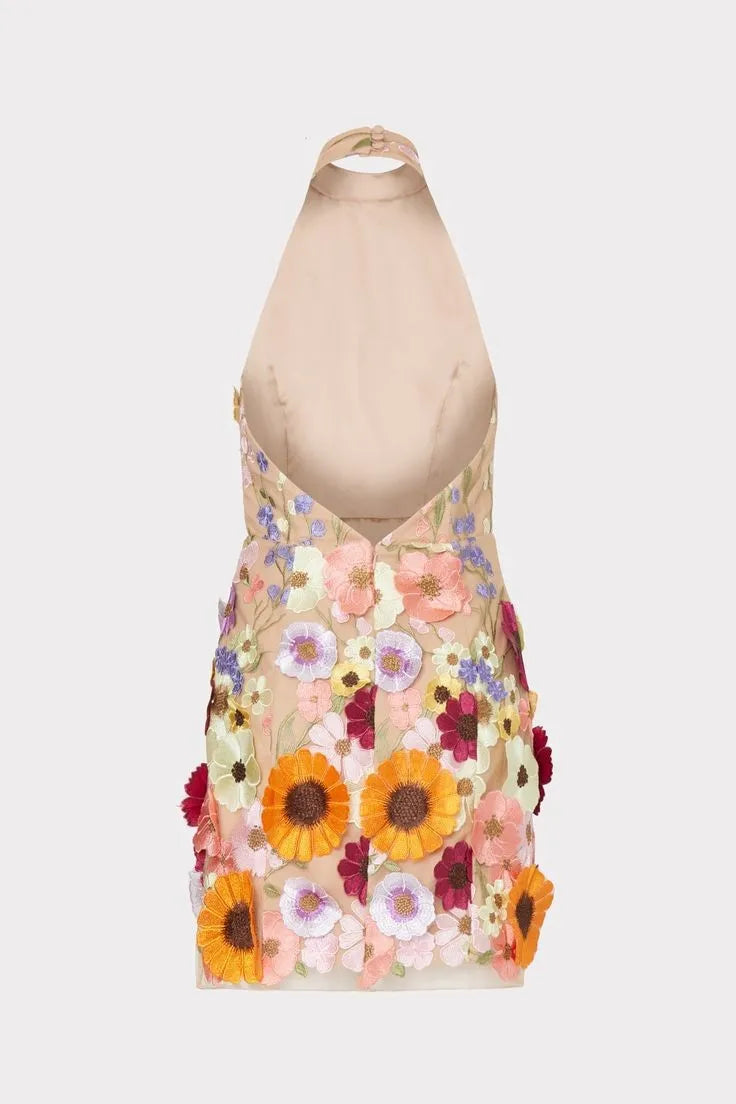 Bouquet Floral Applique Backless Halterneck Mini Dress Elegant Mini Dresses - Chuzko Women Clothing