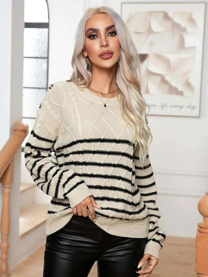 Stripe Autumn's Cozy Round Neck Cable Knit Sweater Sweaters - Chuzko Women Clothing
