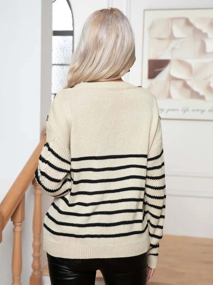 Stripe Autumn's Cozy Round Neck Cable Knit Sweater Sweaters - Chuzko Women Clothing