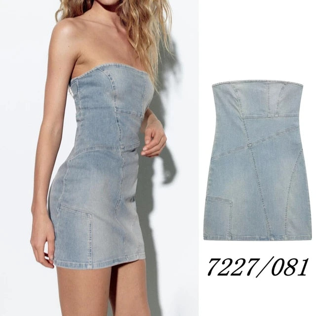 Strapless Patchwork Washed Denim Tube Dress Mini Dresses - Chuzko Women Clothing