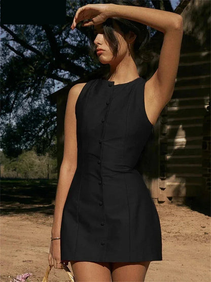Casual Dresses- Summer Solid Sheath Button-Up Mini Dress for Women- Black- Chuzko Women Clothing