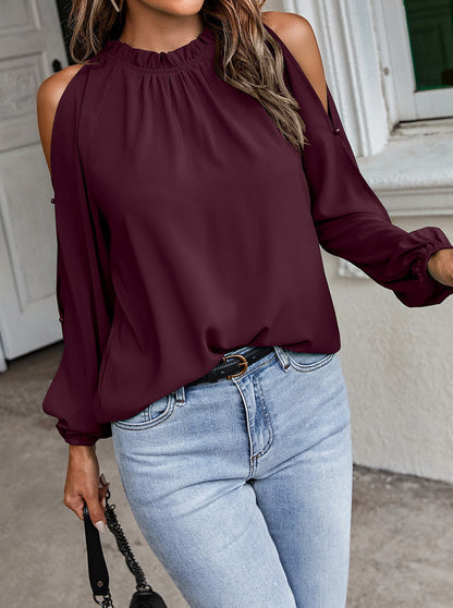 Cold Shoulder Blouse - Ruffle Neck, Long Sleeve & Keyhole Back Top Blouses - Chuzko Women Clothing