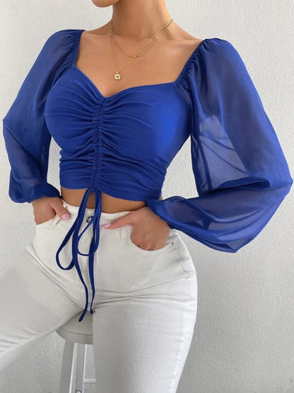 Stylish Adjustable Crop Ruched Blouse - Women's Balloon Sleeves Top Blouses - Chuzko Women Clothing