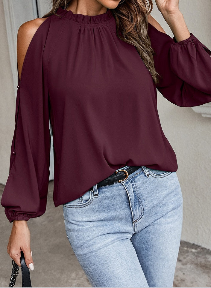 Cold Shoulder Blouse - Ruffle Neck, Long Sleeve & Keyhole Back Top Blouses - Chuzko Women Clothing