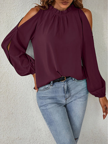 Cold Shoulder Blouse - Ruffle Neck, Long Sleeve & Keyhole Back Top Blouses - Chuzko Women Clothing