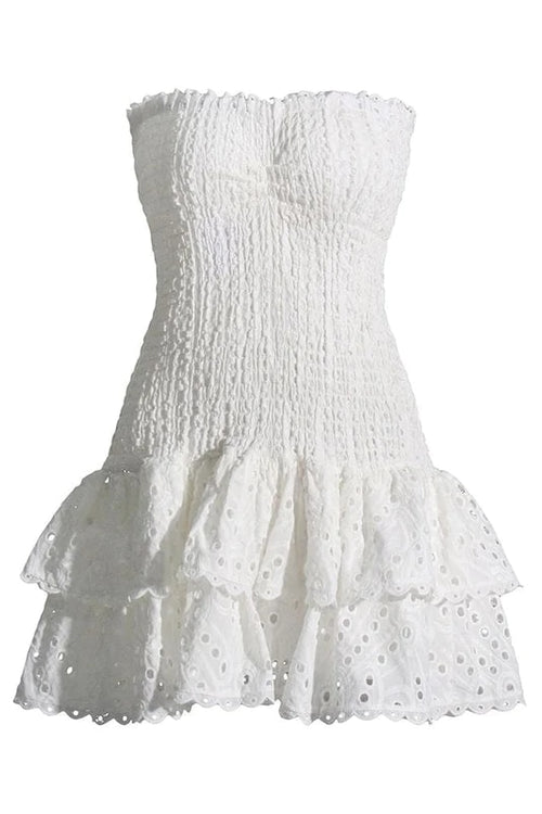 Eyelet Shirred Ruffle Strapless Fitted Waist Tube Mini Dress Mini Dresses - Chuzko Women Clothing
