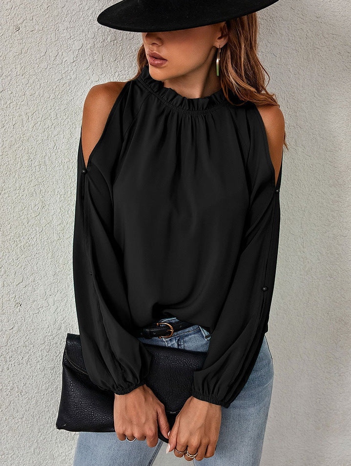Cold Shoulder Blouse - Ruffle Neck, Long Sleeve & Keyhole Back Top Blouses - Chuzko Women Clothing