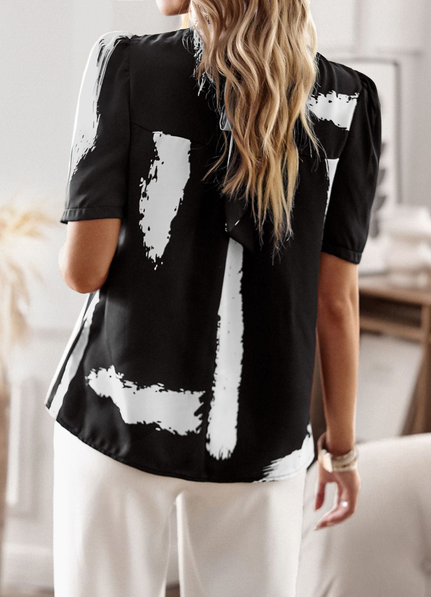 Women's Blouse: Bowknot Back & Puff Sleeves - Stand Out in Style Blouses - Chuzko Women Clothing