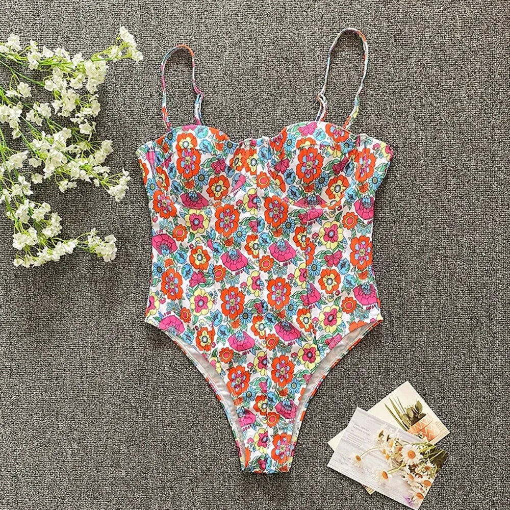 Beach Sporty Underwire One-Piece with Floral Print Swimsuits - Chuzko Women Clothing