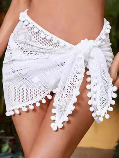 Sarongs- Women's Crochet Knit Sarong Pareo Coverup for Poolside Glam- White- Chuzko Women Clothing